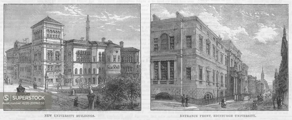  Edinburgh University:  New University Buildings  (left) and front entrance  (right).      Date: 1884