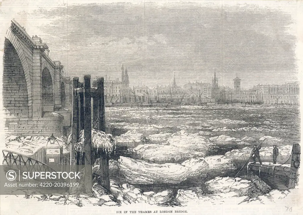  Floating ice on the Thames  at London Bridge.        Date: 1870