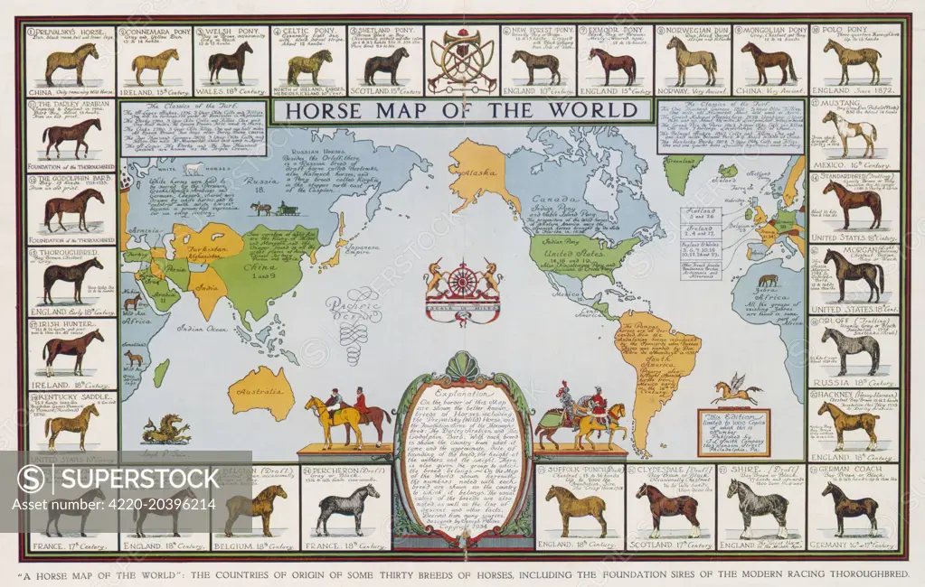  Horse map of the world, showing different breeds.        Date: 1936