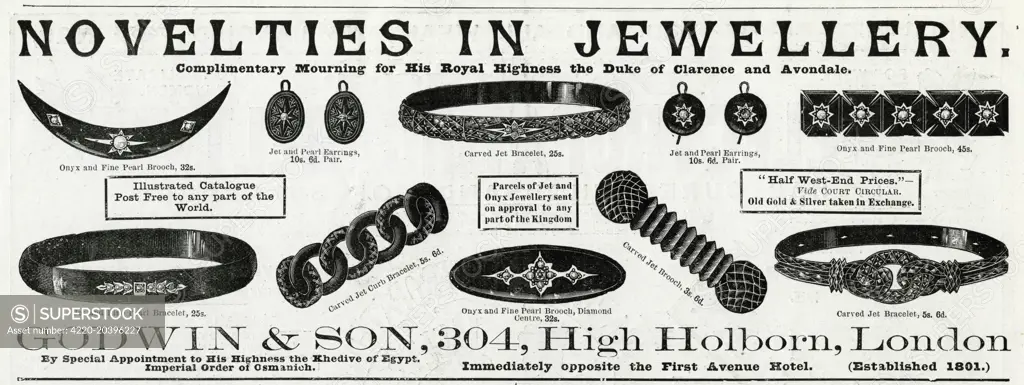 A seletion of bracelets, brooches, earrings, in black with fine pearls, onyx and diamonds, designed for the mourning for the death of Prince Albert Victor, Duke of Clarence &amp; Avondale.  Supplied by Godwin &amp; sons at Holborn, London.  1892