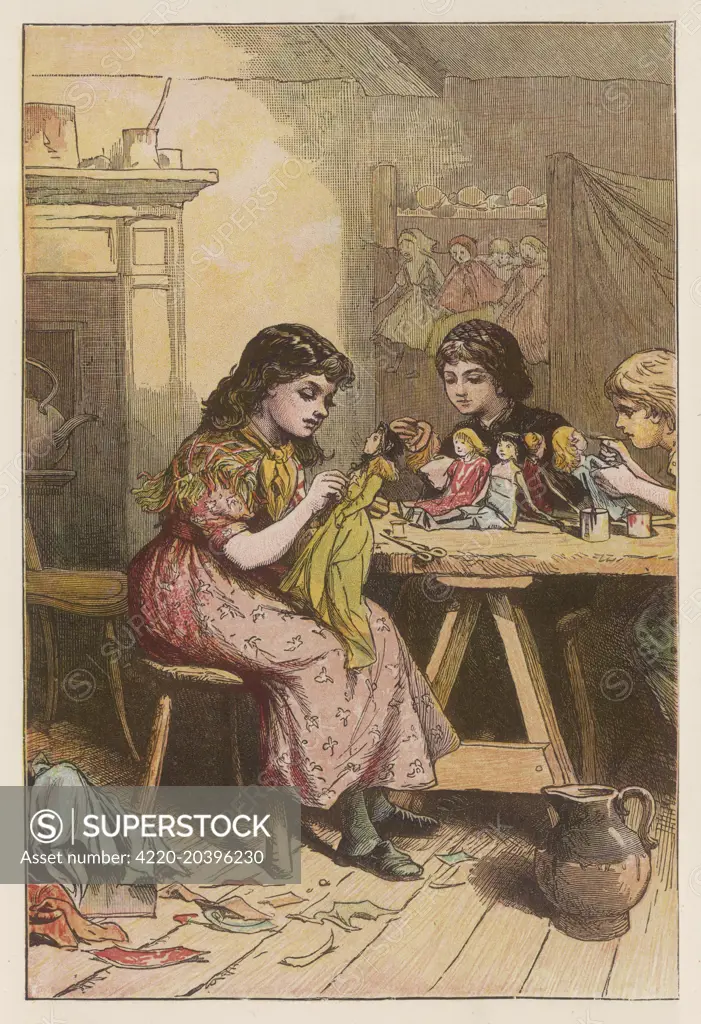  Three little girls sit at a  table in a shabby-looking  room, making dolls for  children better off than  themselves.     Date: 1878