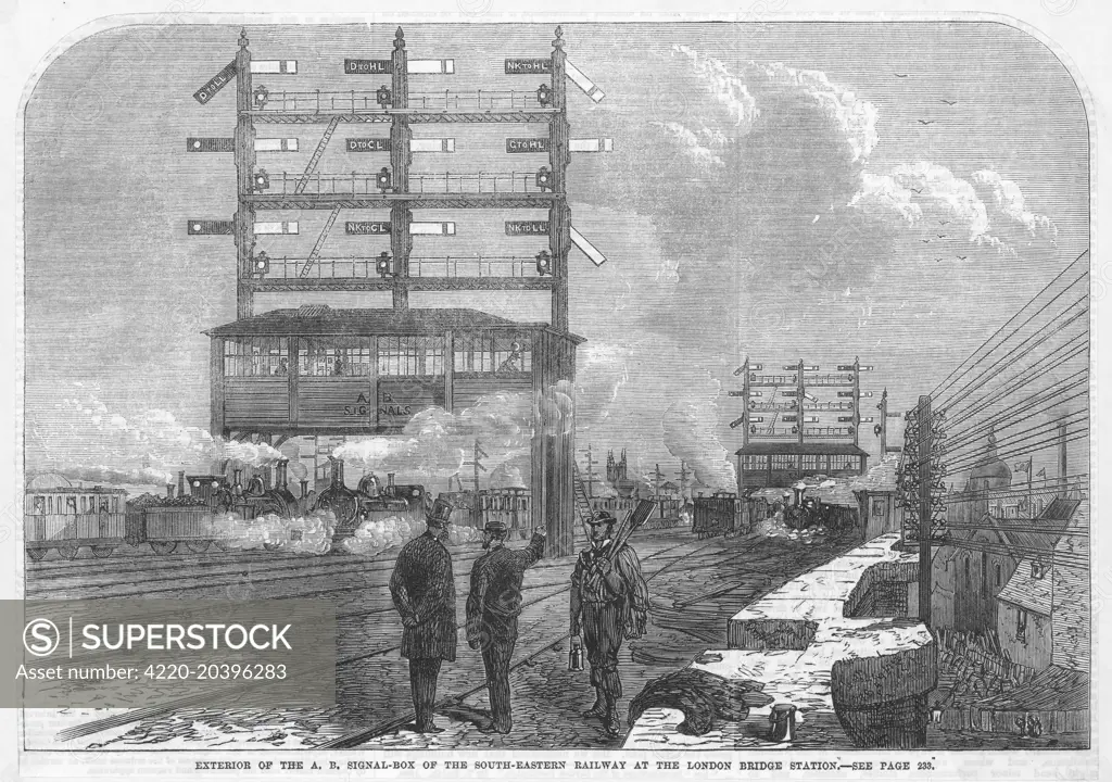 The signal boxes controlling  the approach to London Bridge  station, South-Eastern  Railway.  This is one of the  busiest stretches of railway  in the London area.     Date: 1866