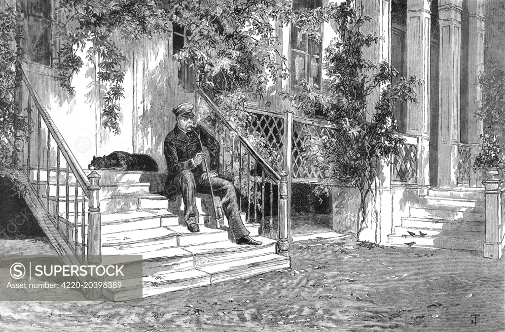 Bismarck relaxes on the steps  of his home at Varvin.         Date: 1882
