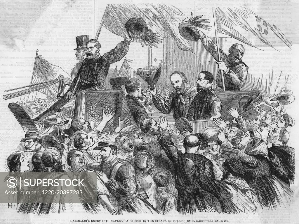 The people of Naples throng the  strada de Toledo, welcoming  Garibaldi and his men.        Date: 7 September 1860