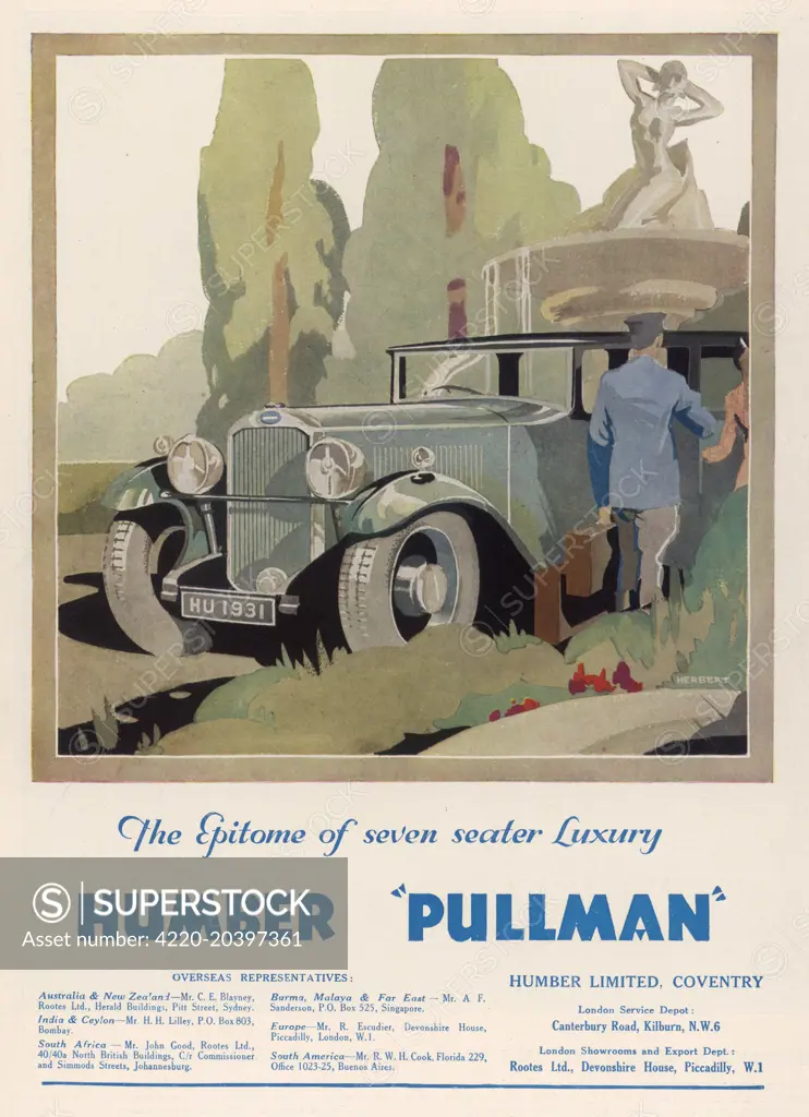 Advertisement for the Humber Pullman motor car showing a chauffeur opening the car door for its occupant in rather smart looking grounds      Date: 1931