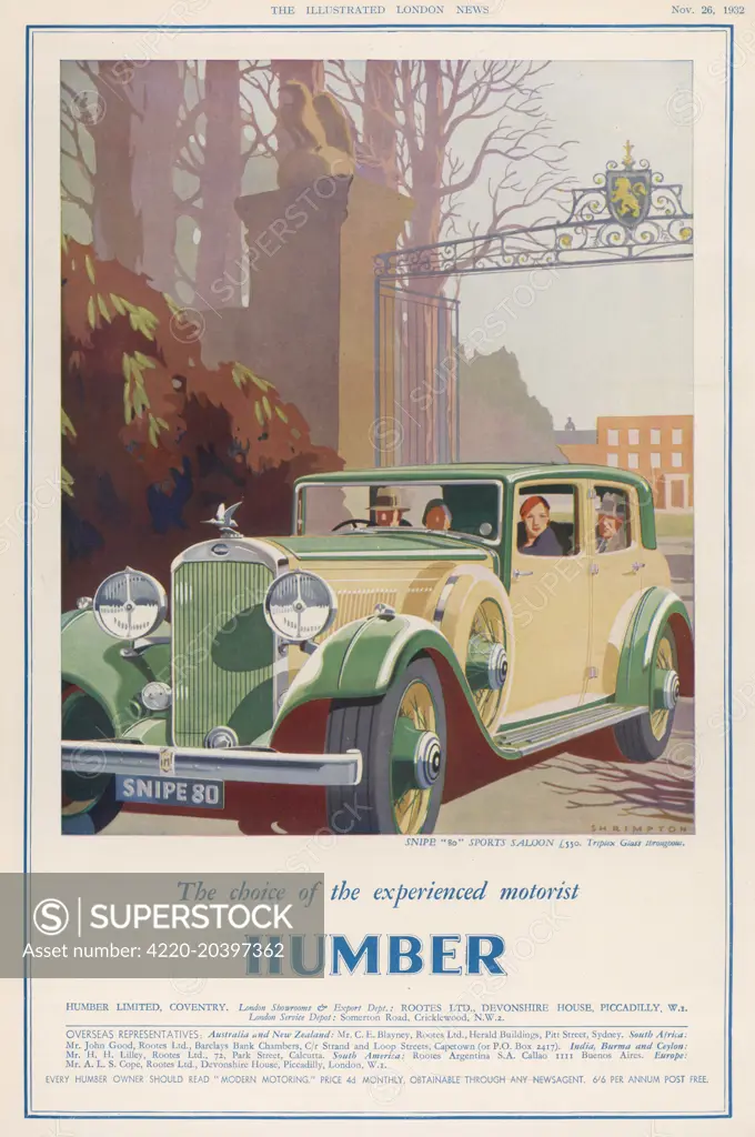 Advertisement for the Humber Snipe 80 motorcar, showing the car leaving through the gates of a smart residence possibly a stately home      Date: 1932