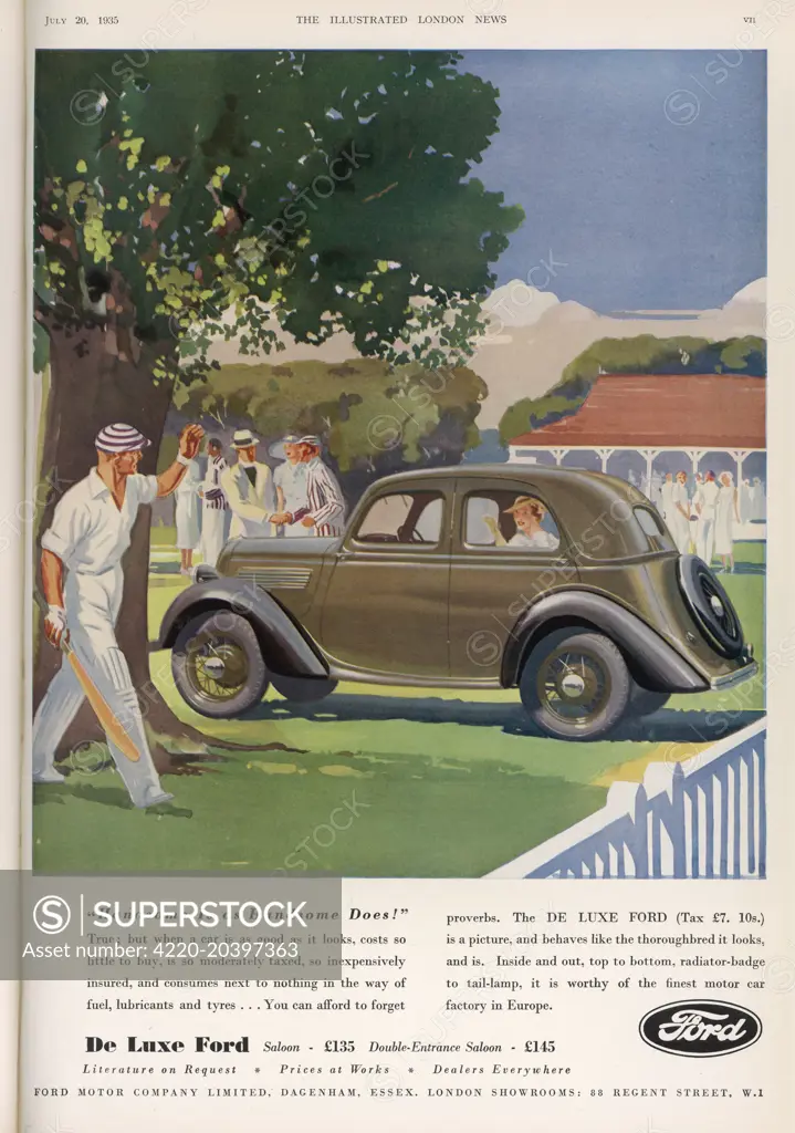 Advert for the Ford De Luxe motorcar showing the car parked at a cricket match in the hight summer       Date: 1935