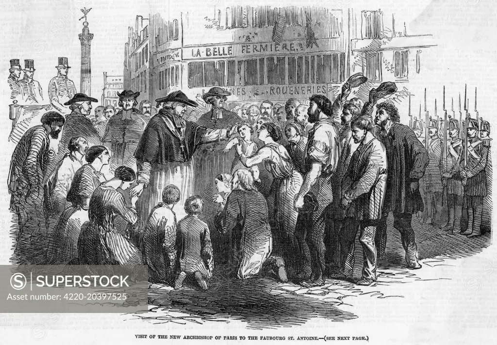 After the death of archbishop  Affre on the barricades, the  new archbishop of Paris tours  the city, endeavouring to  bring peace.      Date: July 1848