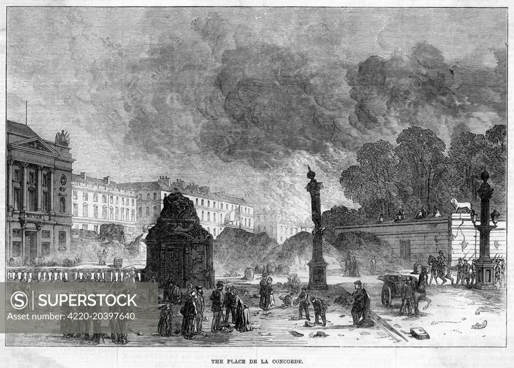 Surveying the damage after  fighting in the place  de la Concorde.        Date: May 1871