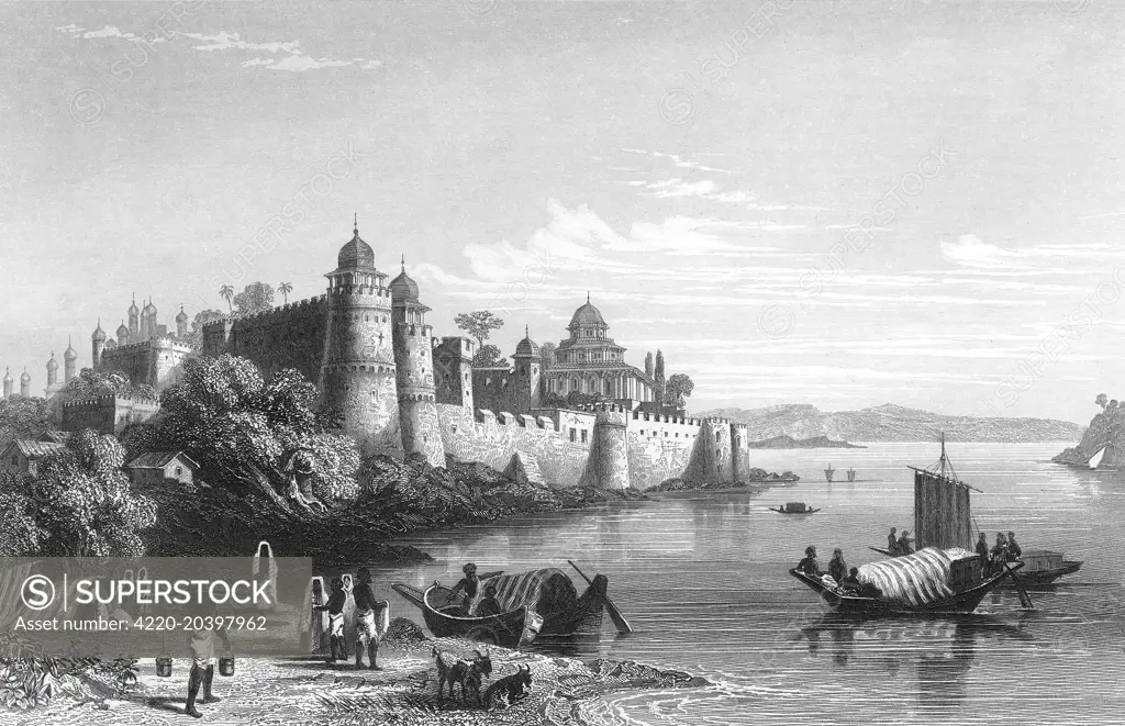 The Fort, on the banks of the  Yamuna (formerly Jumna) river.         Date: circa 1840