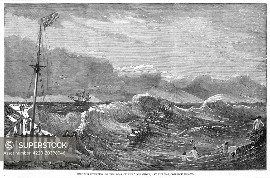 Landing at Norfolk Island is  often a dangerous matter, as  the boat's crew of the  'Maeander' are learning...       Date: 1856
