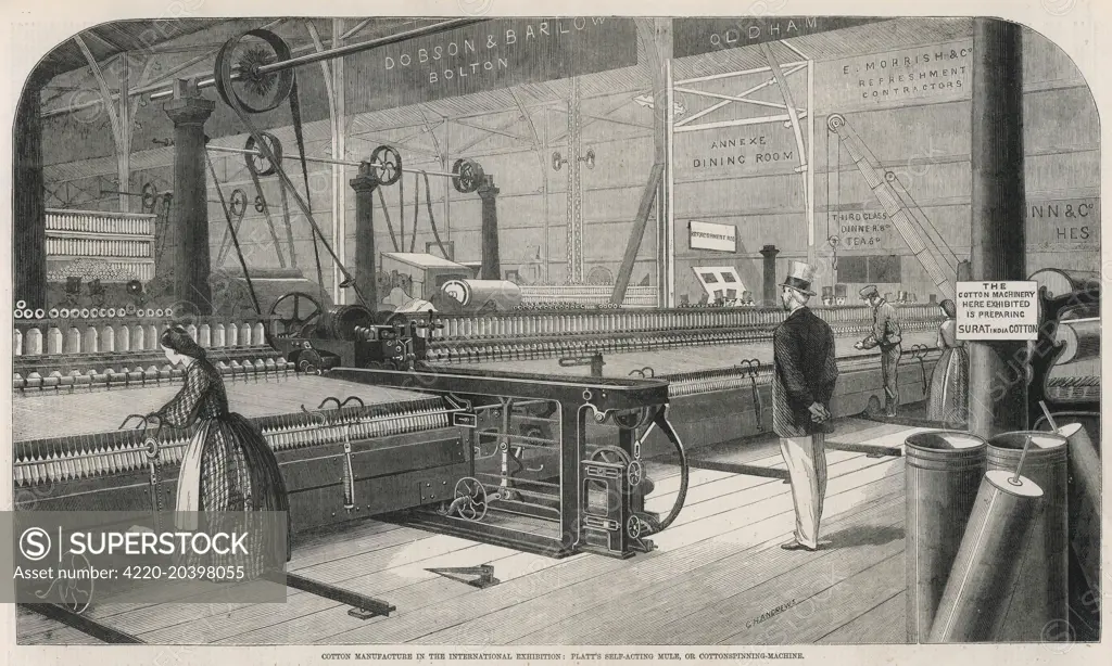 Cotton manufacture at the  International Exhibition:  Platt's Self-Acting Mule or  Cottonspinning machine.        Date: 1862