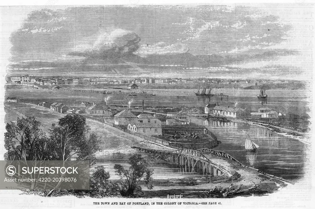 'The town and bay of Portland,  in the colony of Victoria'.         Date: 1860