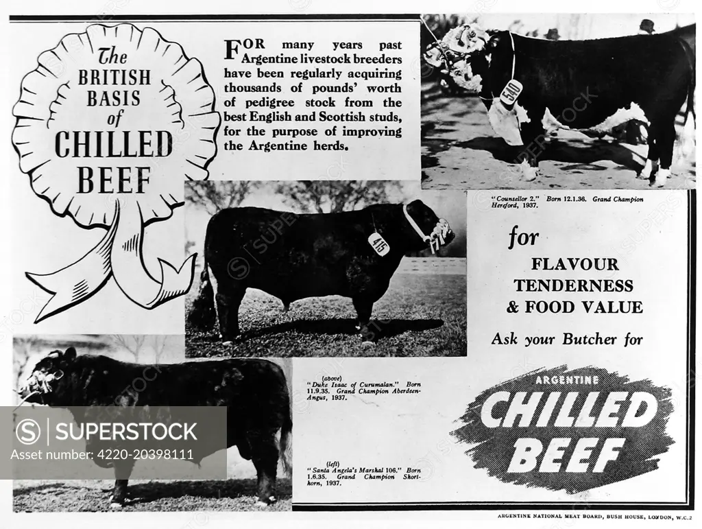 Advertisement by the Argentine Meat Board.     Date: April 9th 1938