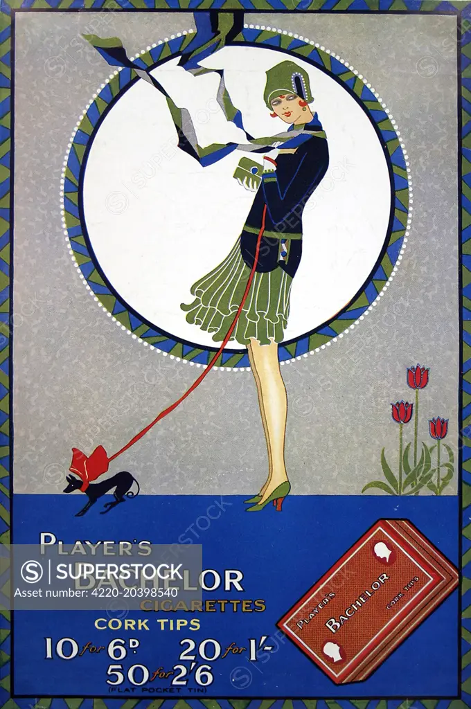 Advertisement from 1930 for Players Bachelor cigarettes showing a stylised flapper girl walking a toy dog.     Date: 19th March 1930