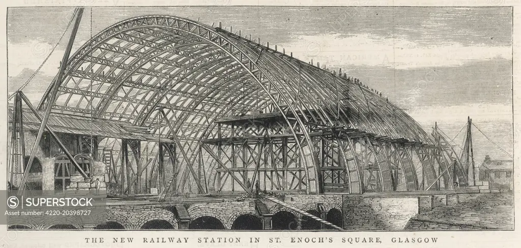 The new railway station in Glasgow, St Enoch's Square. The station was visited by the Prince of Wales as part of his tour of Glasgow on his return journey to Renfrew.     Date: 1876