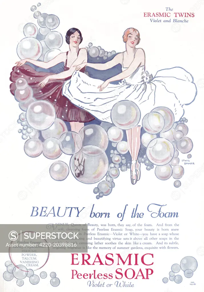 The Erasmic twins, Violet and Blanche. Erasmic Peerles Soap advertisement.     Date: 8th December 1928