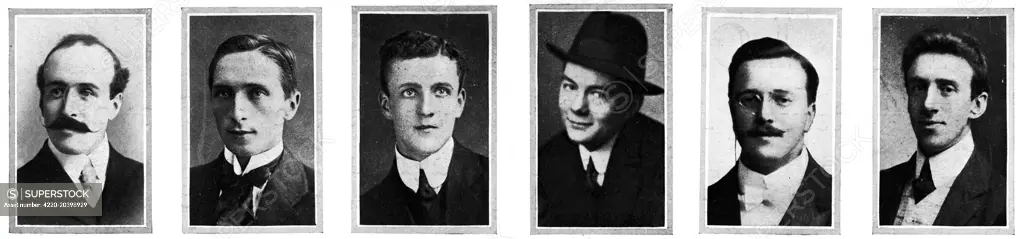 Members of the Titanic's band who died while continuing to play as the ship sank. From left: P. C Taylor, W. T Brailey, John Law 'Jock' Hume, G. Krins, W. Woodward, Wallace Hartley (Leader).  The band members were immortalised in films and legends surrounding the Titanic and remain one of the most enduring images of the disaster.  4th May 1912