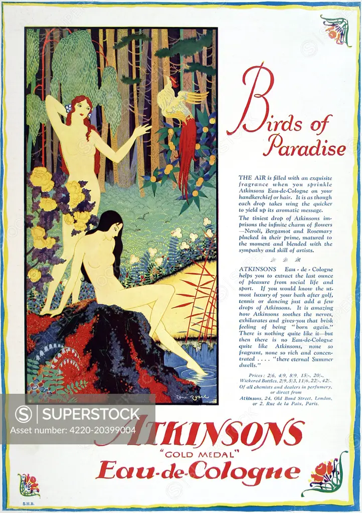 A colour advertisement for Atkinsons 'Gold-Medal' Eau-de-cologne, showing an illustration of two beautiful naked ladies by the side of pond with a  bird of a paradise in a tree.     Date: 6th November 1926