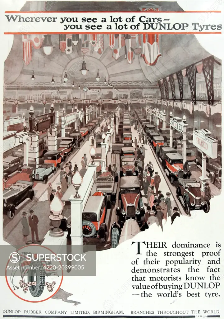 An illustrated advertisement of a great hall full of cars for Dunlop tyres, captioned 'Wherever you see a lot of cars- you see a lot of Dunlop tyres'.     Date: 1926