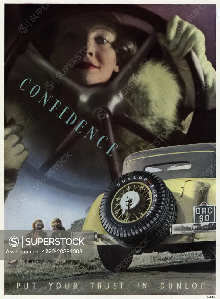 Advertisement for Dunlop showing a lady behind the steering wheel.  1937
