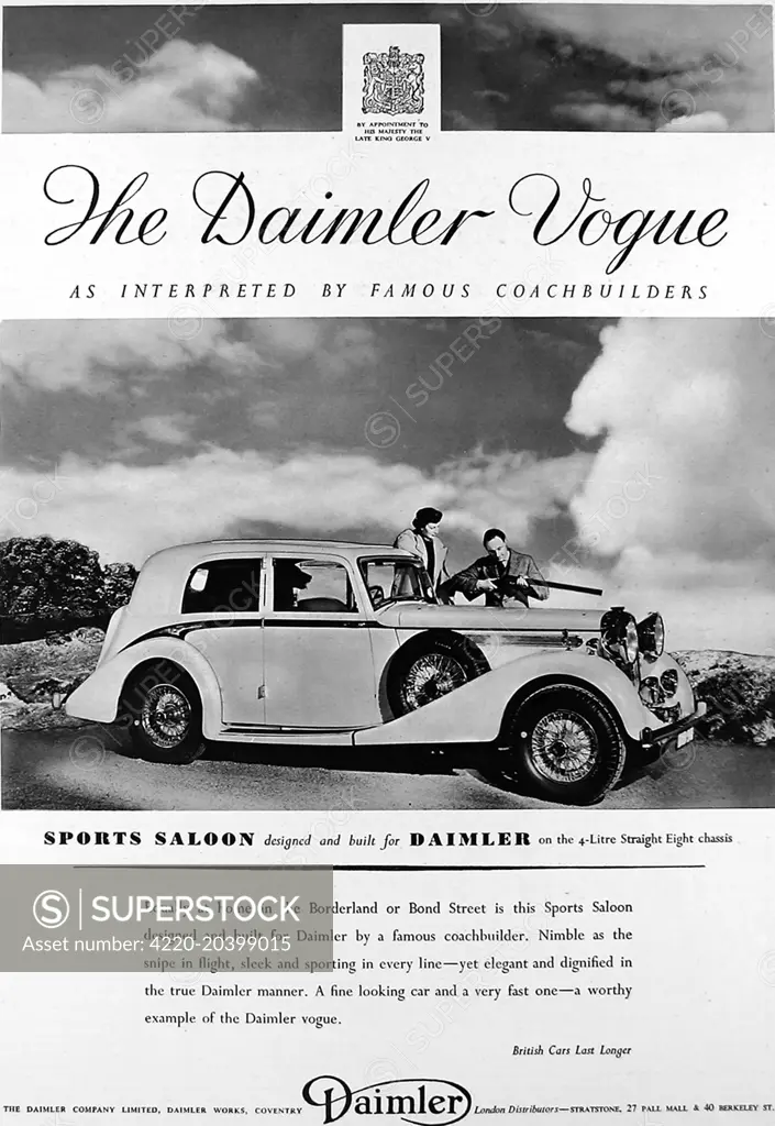 Advertisement for Daimler Vogue sports saloon car, showing a photograph of a 'sporty' couple with their car, loading a rifle and with a large dog in the back seat of the car.  1938