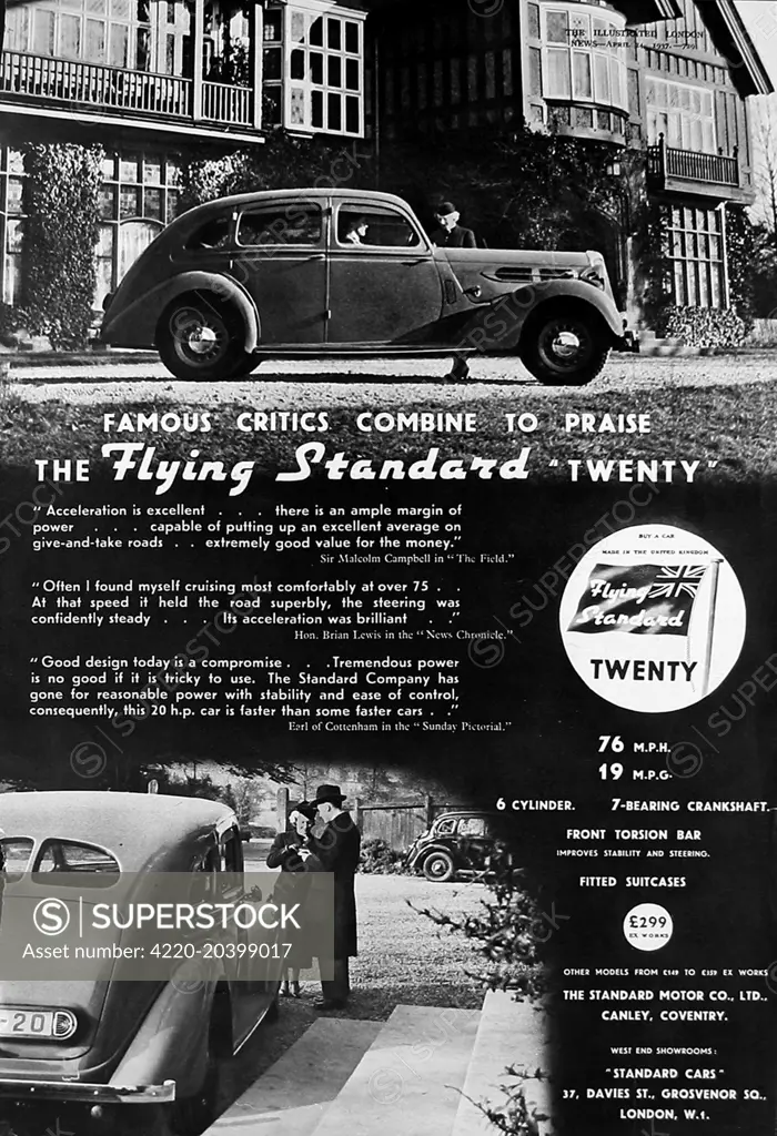 Full page photographic advertisement for the Flying Standard 'Twenty' car, showing two photos of  the car in front of large houses, a typically aspirational car advert of the 1930's period.     Date: 24th April 1937