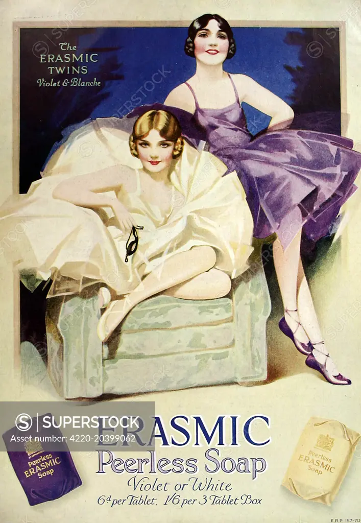 Advertisement from 1929 for 'Erasmic' soap featuring 'The Erasmic Twins', Violet and Blanche.     Date: Christmas number 1930