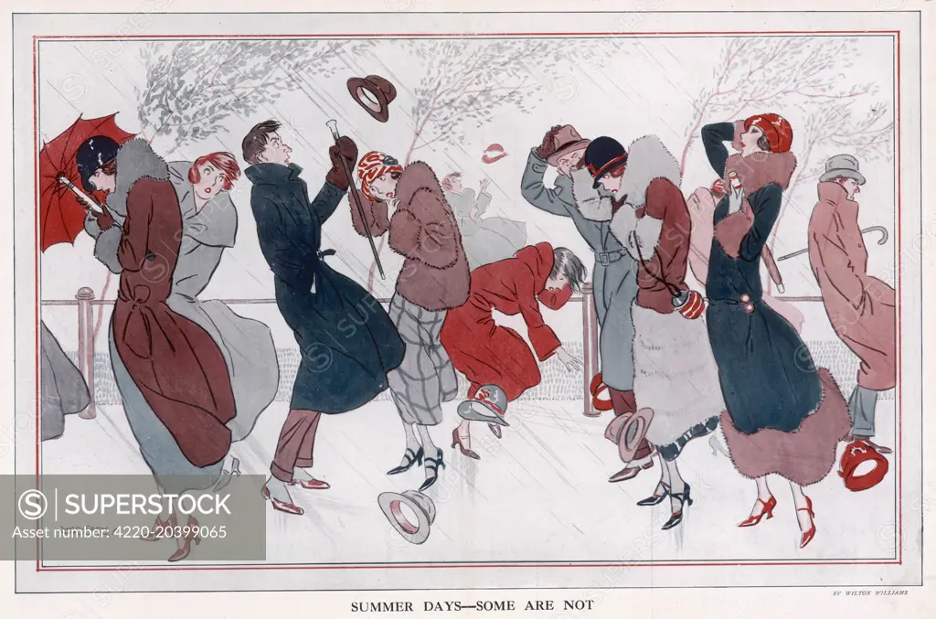 Stormy summer day with ladies and gentlemen struggling to keep hold of their hats.     Date: 1924