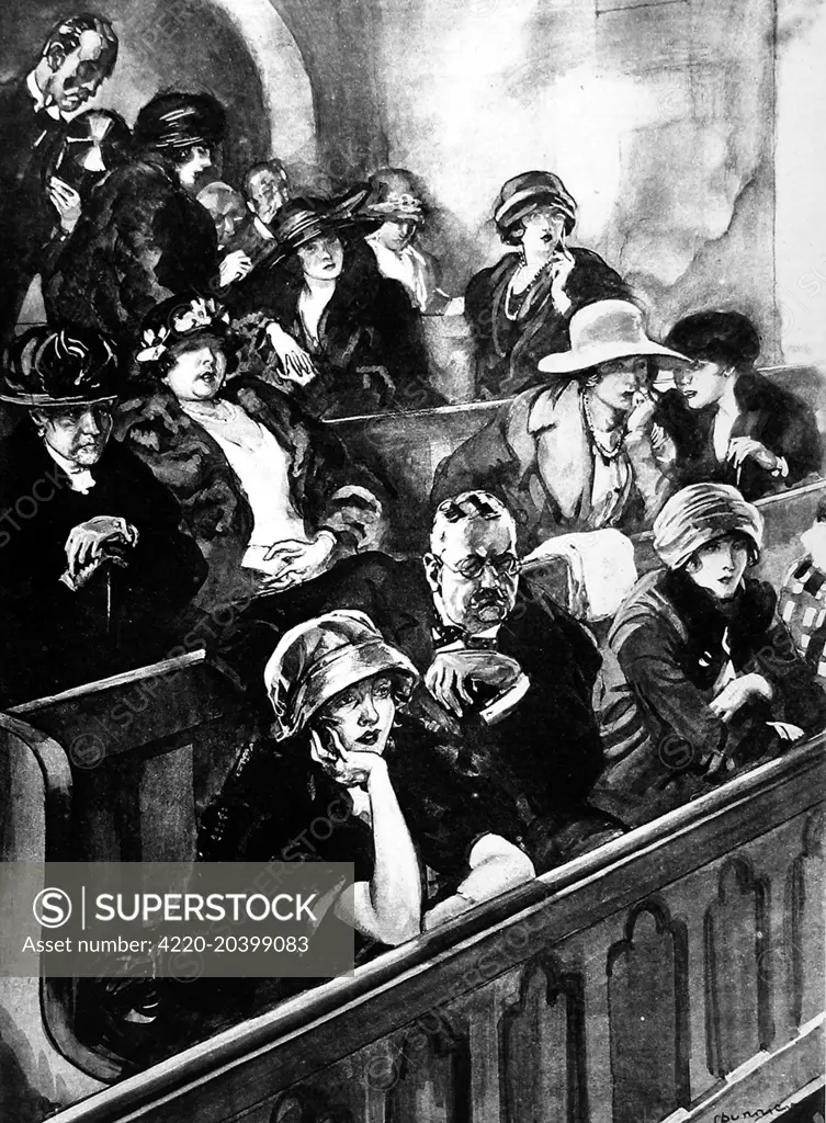 Illustration by Steven Spurrier showing young women in the public gallery of a divorce court.  The image accompanied an article in the ILN suggesting that divorce courts should be private, as open courts were, 'an unhealthy attraction for young women', and, 'pandering to an appetite for moral garbage...tending to foster false ideas of marriage'.     Date: March 17th 1923
