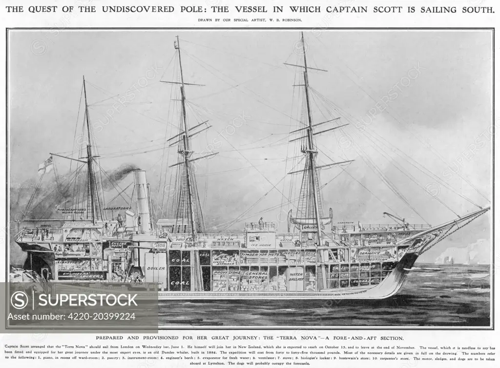 Cut-away illustration of the 'Terra Nova', the ship that Captain Scott used in his second expedition to the Antarctic, 1910-1913.  The 'Terra Nova' was an old Dundee whaler, built in 1884, but strong enough to survive the hostile conditions.  1910