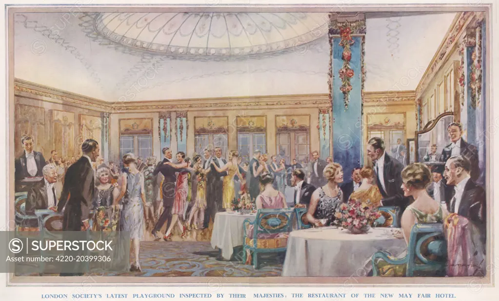 Restaurant of the new Mayfair Hotel in Berkeley Square, London, 'London society's latest playground, inspected by their majesties.'  The opulent room shows dining table attending by several waiters with a busy dancefloor in the background.     Date: 1927