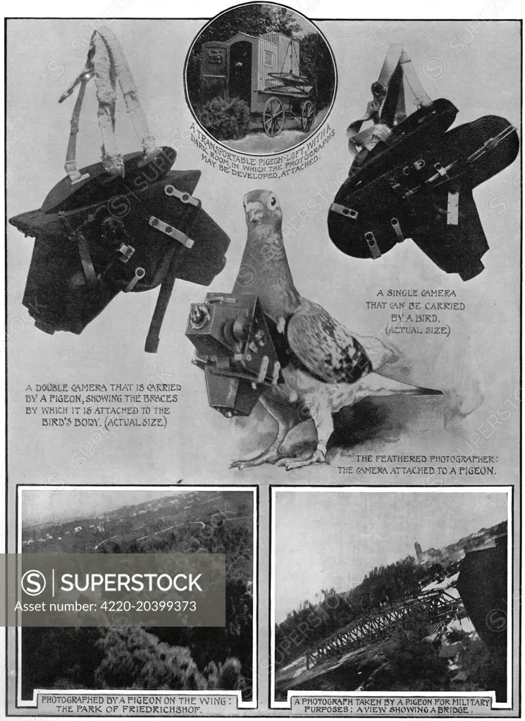 A pigeon as a military spy. A camera small enough to be attached on a bird to capture ariel images, ideal for war time spying. The camera is automatic and takes a photograph at regular intervals.   Date: 1908