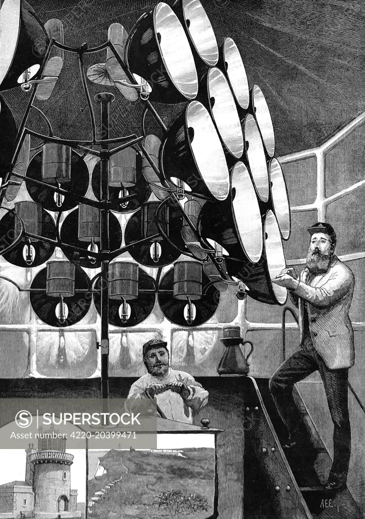 Engraving of the Lantern at Beachy Head lighthouse, Sussex, January 1884.  The lighthouse was built between 1828 and 1831 on Belle Tout Cliff and equipped with a 'catoptric' lantern, which ran on colza oil. Here the lighthouse keeper can be seen cleaning some of the lantern reflectors.  1884