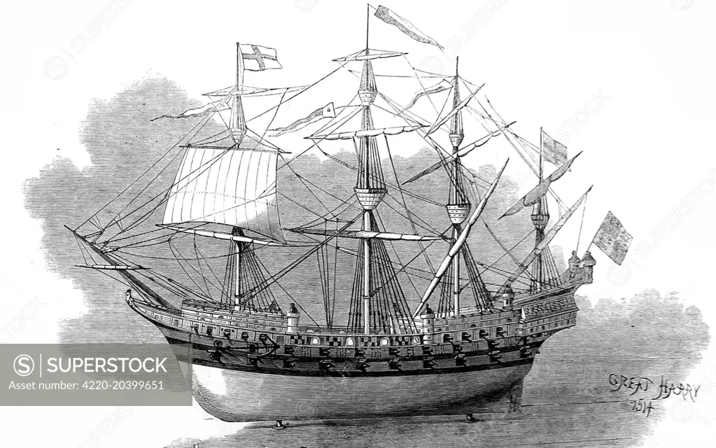 Engraving of a model of the 'Great Harry', as displayed in the South Kensington Museum, 1865.  The 'Great Harry' or 'Henry Grace a Dieu', built in 1514, was a galleon in Henry VIII's navy.     Date: 1865