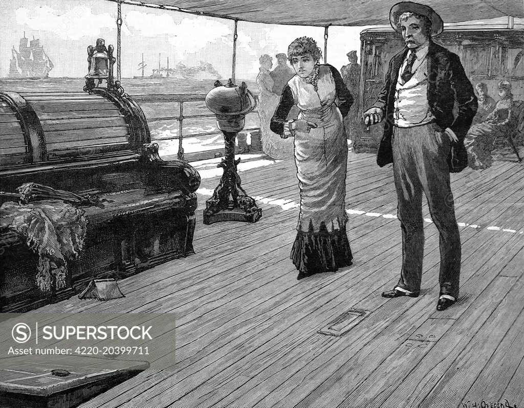 Engraving showing two passengers playing 'Bull' on the deck of a passenger liner.  It would appear that the ship had an awning over the deck to provide shade for the passengers. On the left can be seen the ship's bell.     Date: 1883