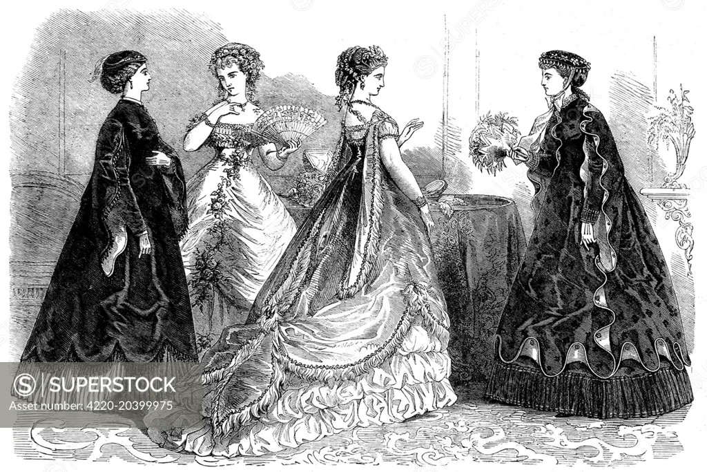 A sketch of four dresses from the couturiers' designs in France.  The garments are made from velvet and silk, trimmed with lace and silk flowers.     Date: 1867