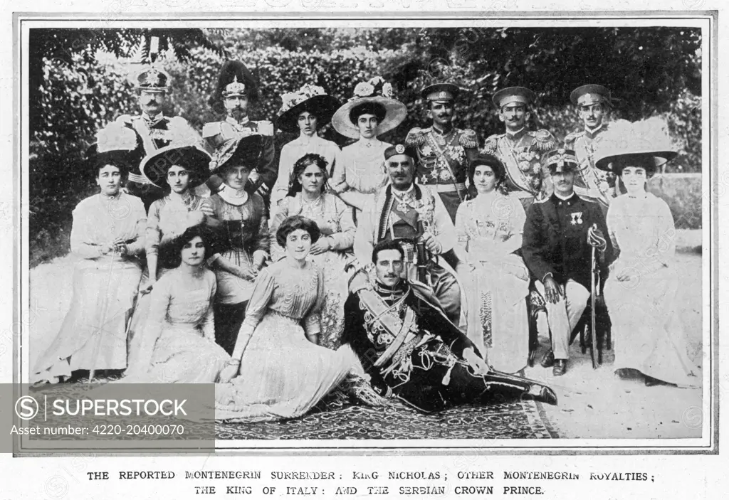 This photograph includes King Nicholas I, and Queen Milena of Montenegro, the King of Italy, Princess Helen, the Crown Prince Alexander of Serbia.     Date: 1916