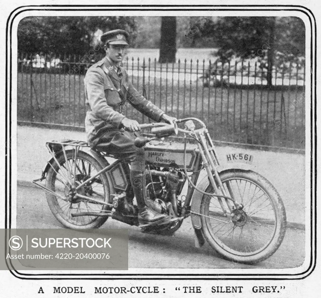 A photograph of the latest 1916 model of motorcycle by American manufacturer Harley Davidson as tested by the military.     Date: 1916