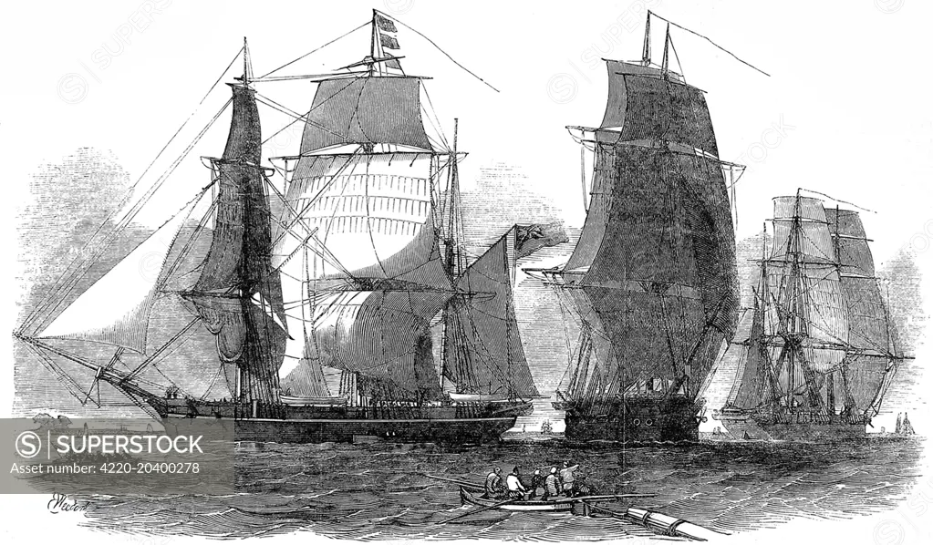 Engraving showing HMS 'Assistance', 'North Star' and 'Resolute'; the three main vessels of Sir Edward Belcher's Arctic Searching Squadron, 1852.  This squadron to the Arctic in search of Sir John Franklin's ill-fated Arctic expedition of 1845.     In 1845 the British Admiralty sent two polar exploration ships, HMS 'Erebus' and HMS 'Terror', to look for the Northwest passage round the northern coast of Canada.  The expedition, commanded by Sir John Franklin, disappeared from view late in 1845 and