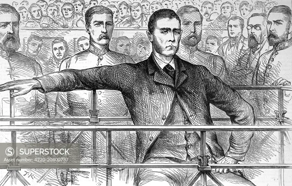 A sketch of Partick O'Donnel at his trial.    Patrick O'Donnell was accused and sentenced to death for the murder of James Carey. The trial took place at the Old Bailey, and O'Donnell was hanged in Newgate in December 1884.     James Carey was an informer who had given evidence against 5 men for the Pheonix Park murders in Dublin. Carey was being escorted onto the ship 'Melrose' when O'Donnell managed to board the ship and shoot him.     Date: 1883