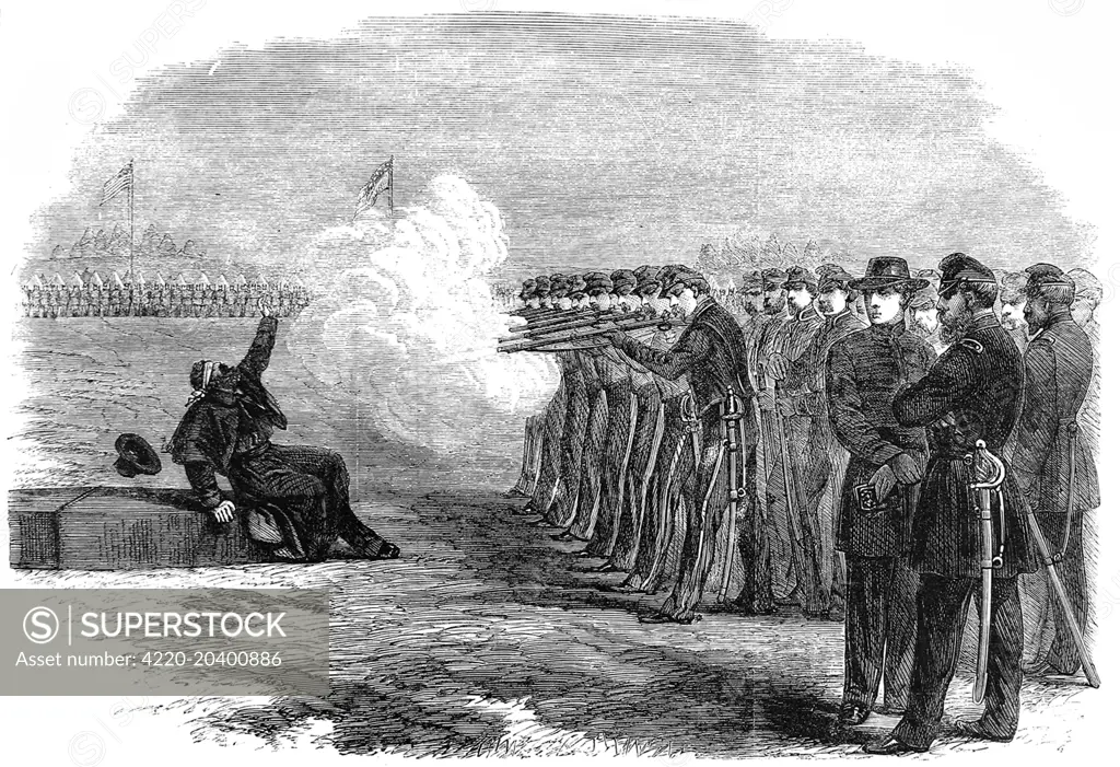 Firing squad shooting a blindfolded Federal soldier for desertion during the American Civil War.     Date: 1862