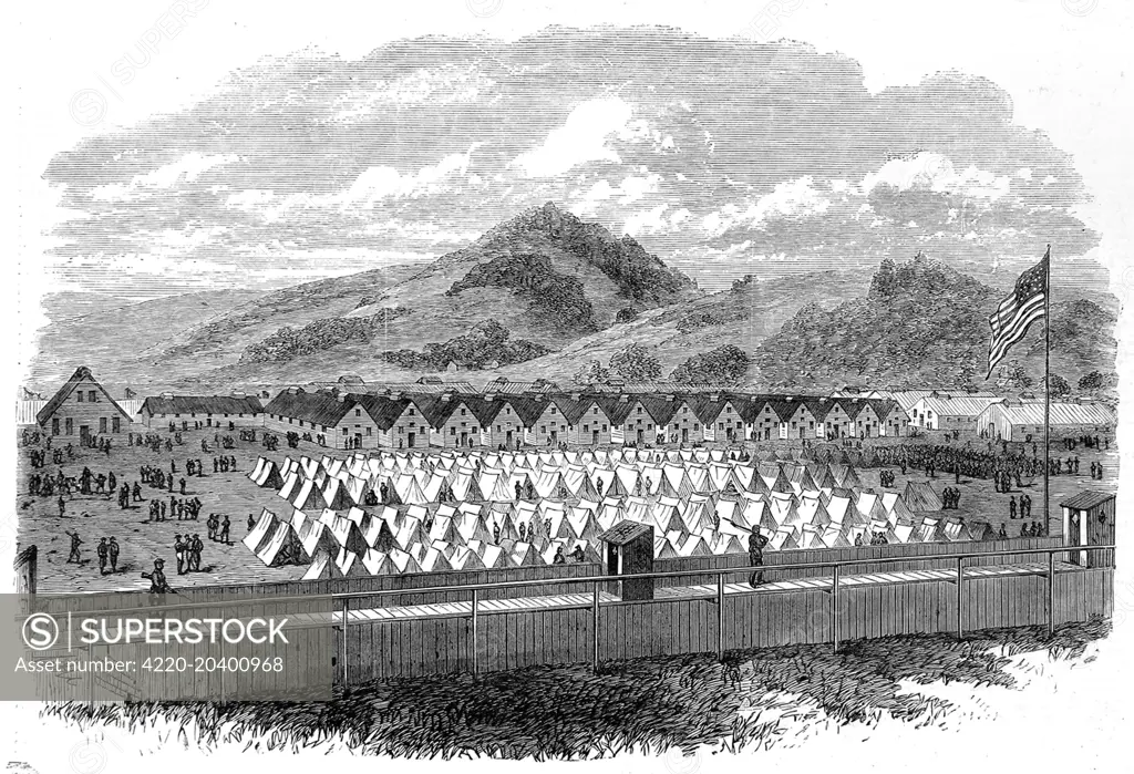 View of the prisoner of war camp at Elmira, New York, in 1865.  By this time the American Civil War was nearly over and the Elmira camp was full of captured Confederate soldiers.     Date: 1865