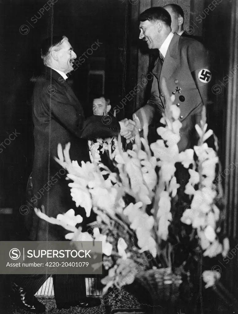 Photograph of Neville Chamberlain, British Prime Minister, arriving at the Hotel Dreesen, Bad Godesberg, for talks with Adolf Hitler, German Fuhrer, 23rd September 1938.     Date: 22nd September 1938