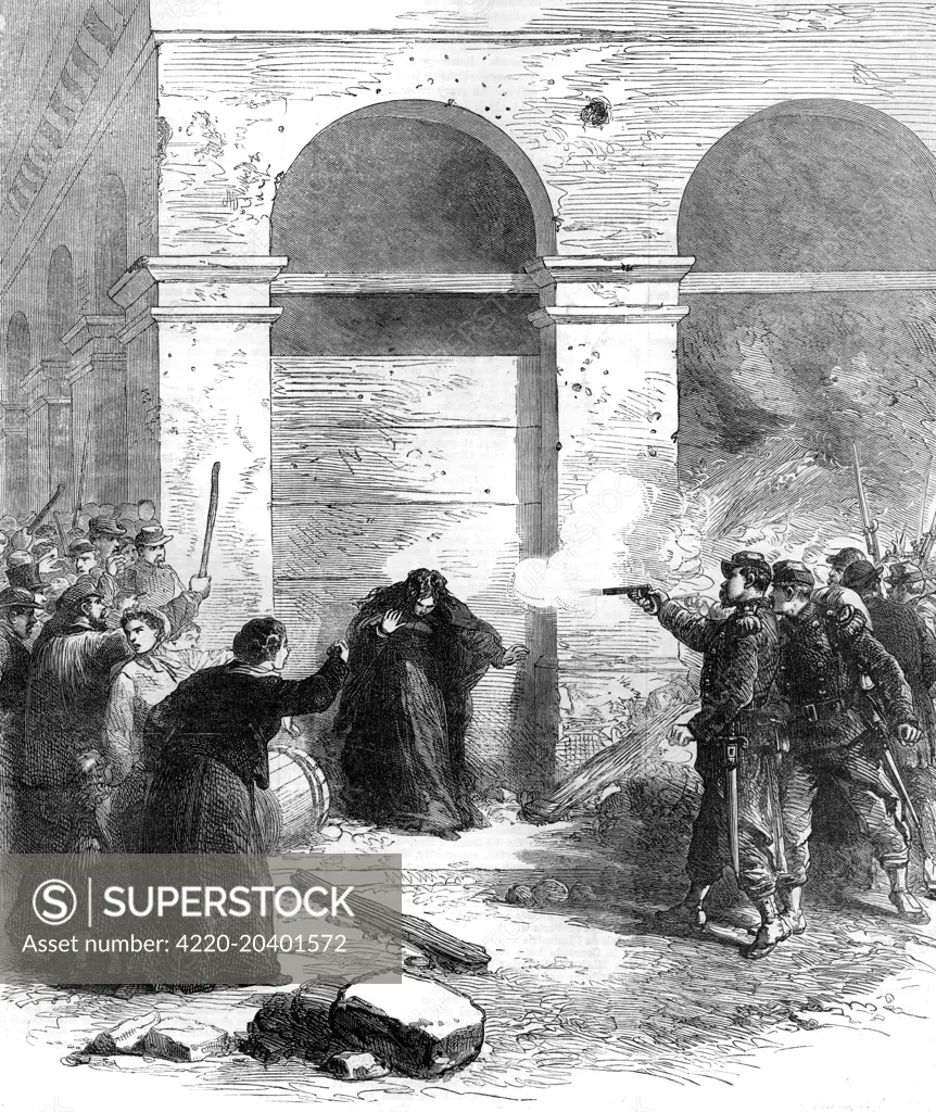 Engraving showing the execution of a female Communard, believed to be a 'Petroleuse', at the Louvre, during the Paris Commune, 1871.    As the Communard situation deteriorated and they retreated, they resorted to setting fire to parts of Paris.  The Versailles Government troops were merciless, when they caught anyone they suspected of being a Communard they were summarily shot.     Date: 1871