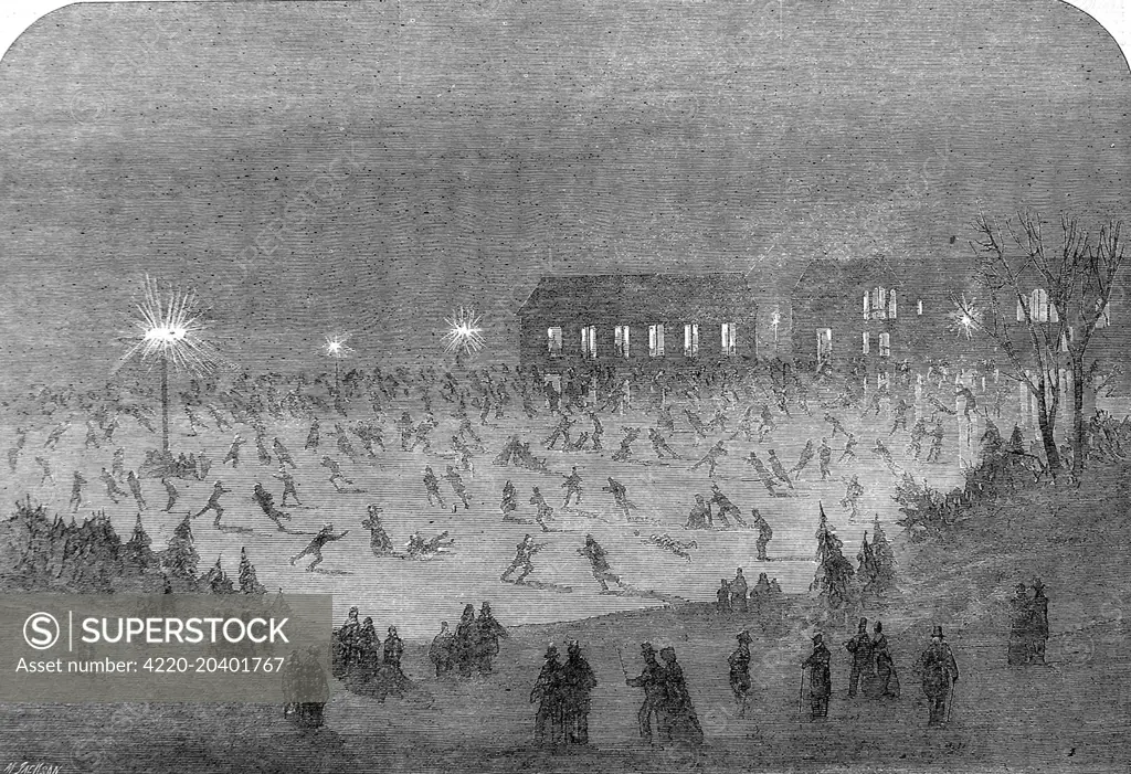 Engraving showing a night scene on the lake in Central Park, New York, during the winter of 1864-5.  New Yorkers were able to skate in the darkness with the help of artificial lighting.     Date: 1865