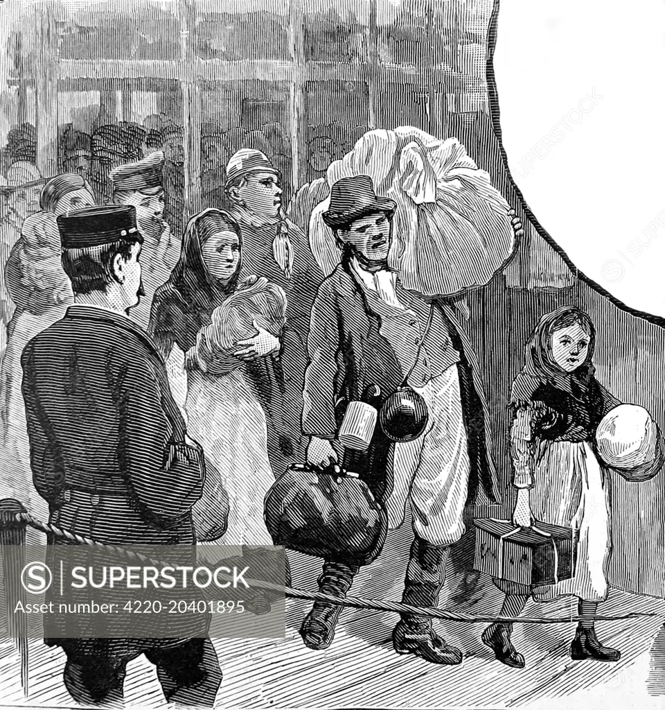 Engraving showing a group of emigrants from Europe arriving at Castle Garden, New York, watched by a customs official, 1886.     The image shows a family carrying very large bundles of their possessions and a baby ashore.     Date: 1886