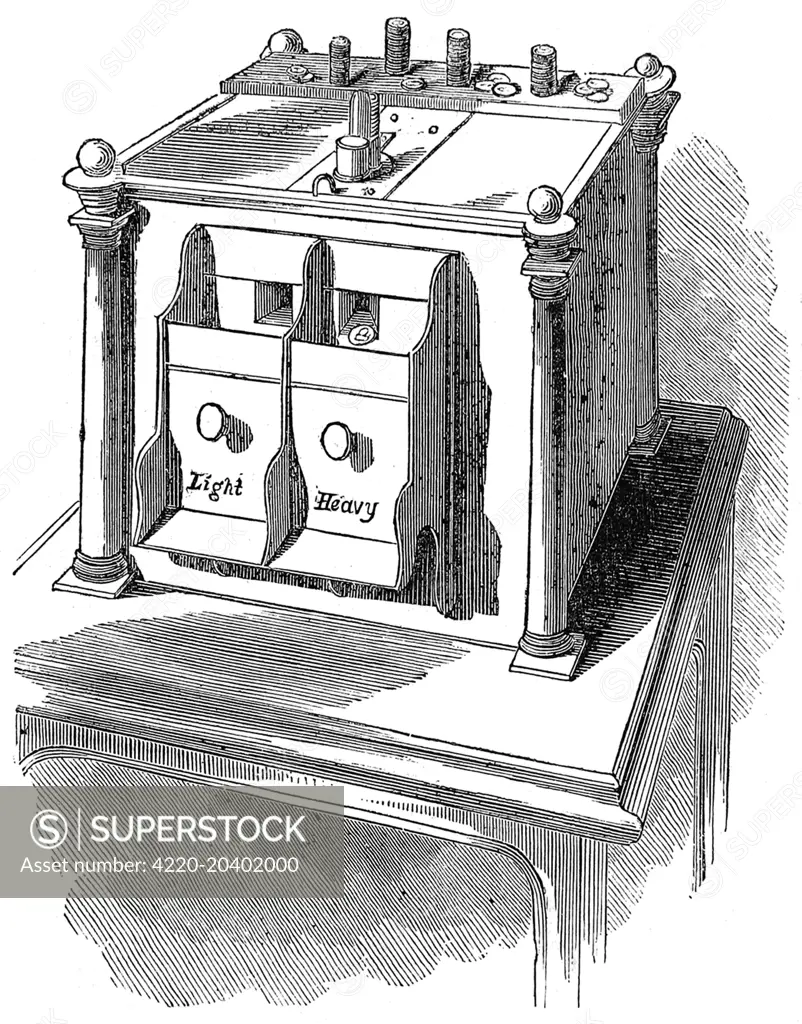 Engraving of the Exterior of the Sovereign Weighing Machine at the Bank of England.     Date: 1845