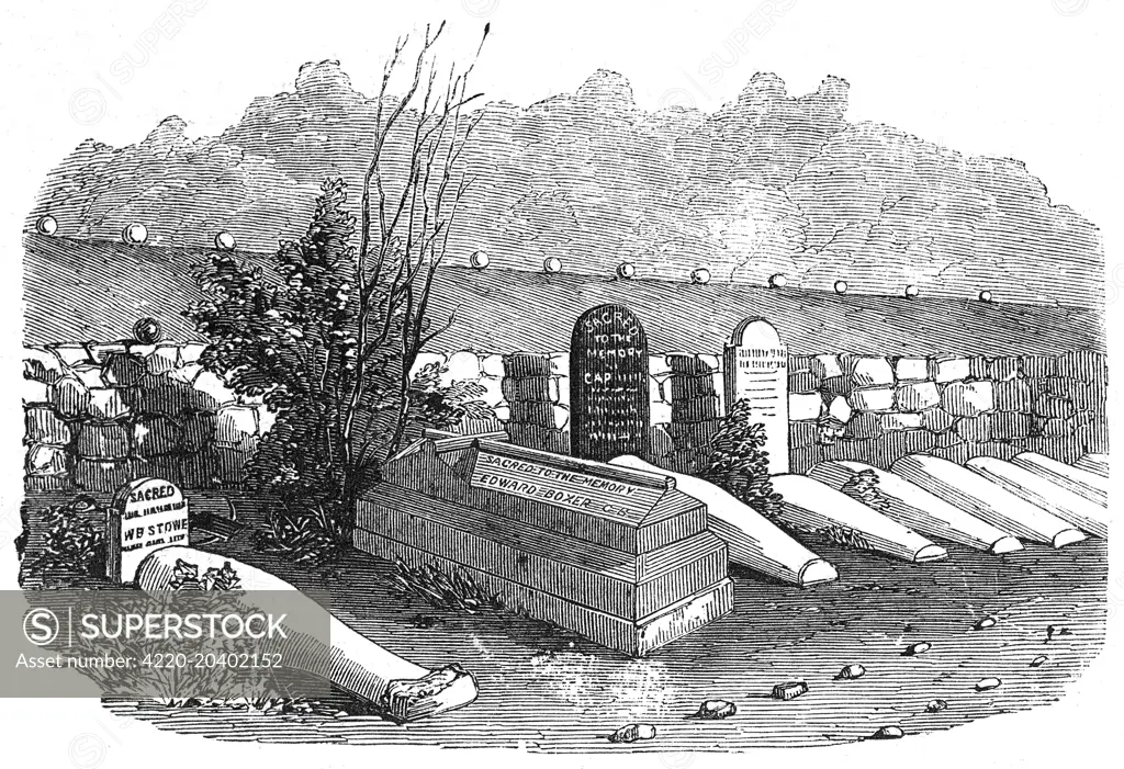 Engraving of the Cemetery at Balaklava Heights, where a number of notable British officers were buried during the Crimean War.    The prominent tomb is of Admiral Edward Boxer whose work on reorganising the port at Balaklava, especially facilitating the embarkation of supplies, was recognised by Lord Raglan.  Boxer died of cholera on 5th June 1855.     Date: 1856