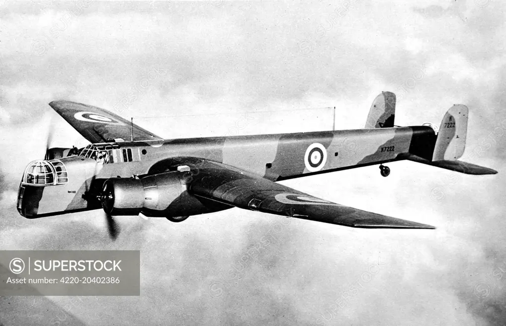 Photograph of a Royal Air Force Armstrong Whitworth 'Whitley' bomber in flight, 1939.     Date: 1939